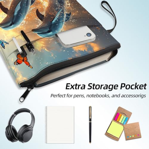 Padded Book Sleeve with Zipper & Front Pocket, Fabric Book Cover | Sunset Ocean Dolphins Sea11.4"x8.7" Washable Canvas Pouch for Hardcovers, Tablets & Reading Accessories - color: Sunset Ocean Dolphins Sea