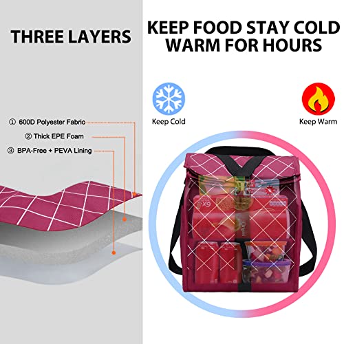 MIER Insulated Lunch Bag Roll Top Lunchbox for Women Men Adults Foldable Rolltop Lunch Tote with Shoulder Strap for Work Office Picnic, Water Bottle Holder, Red - color: Red