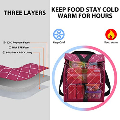 MIER Insulated Lunch Bag Roll Top Lunchbox for Women Men Adults Foldable Rolltop Lunch Tote with Shoulder Strap for Work Office Picnic, Water Bottle Holder, Red - color: Red