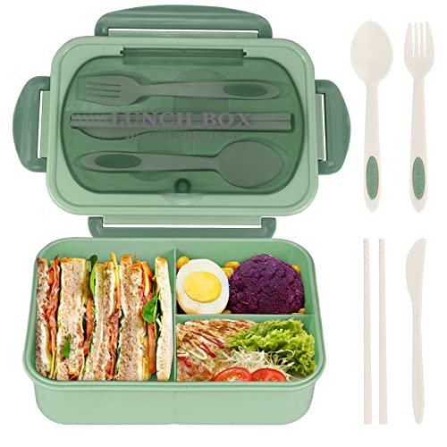 Bento Box for Adult, 1200 ML Lunch Containers for Adults, LeakProof Lunch Box with Utensils, BPA Free, 3 Compartment Bento Box Microwave Safe, Green - color: Green