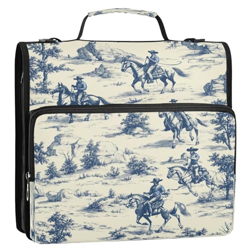 Caikeny 3 Ring Zipper Binder Vintage Western Cowboys Cowgirl Horse 1.5 inch Binders Bag with Shoulder Strap and Handle Expanding File Pockets - color: Multicolored 1z2.7