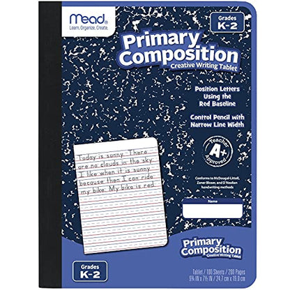 Mead Primary Composition Book, Primary Ruled Journal, Grades K-2, 7-1/2" x 9-3/4", 100 Sheets, Blue Marble (09902) - size: 1 Pack, style: Grades K-2