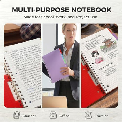 Koogel Spiral Notebook with Tabs, 5 Subject Spiral Notebook Wide Ruled with Removable Dividers, 200Pages Lined Journals for Women Journals Note Taking Work School Gifts, 8.5x11Inch, Purple - color: purple