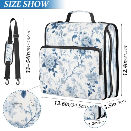 STAYTOP Blue and White Florals Zipper Binder, 3 Ring Binder with Shoulder Strap, 2 Inch 500 Sheets Capacity, Multi-Pocket Organizer with File Folder, School College Office