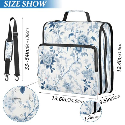 STAYTOP Blue and White Florals Zipper Binder, 3 Ring Binder with Shoulder Strap, 2 Inch 500 Sheets Capacity, Multi-Pocket Organizer with File Folder, School College Office