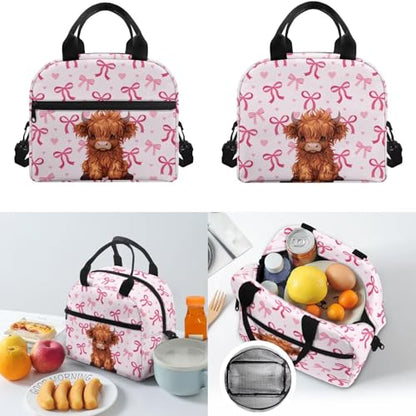 Kids Bookbag Set, 3-in-1 Lunch Bag & Pencil Case Combo for Girls,Highland Cow Lightweight Waterproof Student Backpack with Matching Insulated Lunchbox and Pouch - color: Pink Bows-highland Cow