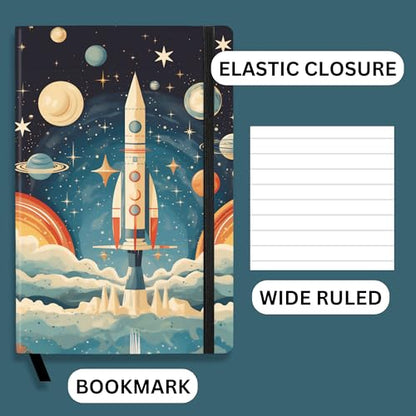 RICCO BELLO Wide Ruled Hardcover Diary Journal, Space Rocket | Bookmark, Band Closure, Storage Pocket, 5.7 x 8.4 Inches, 192 Pages - color: Space Rocket