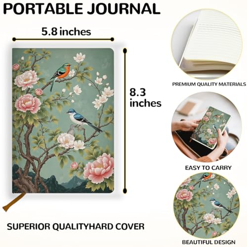 Lovdazzles Pretty Leather Lined Journal Flower and Bird Notebook 200 Pages A5 Ruled Notebooks, Aesthetic Cute Hardcover Leather Journal for Women Gift, Perfect for Office School Home (5.8 x 8.3) - color: Multi 1719