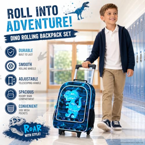 AGSDON 3PCS Rolling Backpack Boys, Kids Roller Wheels Bookbag, Wheeled School Bag with Lunch Bag - Dinosaur Bule - color: Blue