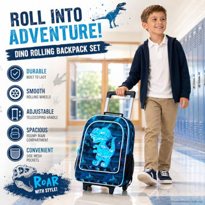 AGSDON 3PCS Rolling Backpack Boys, Kids Roller Wheels Bookbag, Wheeled School Bag with Lunch Bag - Dinosaur Bule - color: Blue