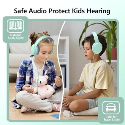 Kids Headphones Wired,Wired Headphones for Kids Over Ear with Microphone,85/94dB Volume Limiter Headphone for Kids Boys Girls Teens Children,3.5mm Wired Foldable Headphone for School/Tablet (Green) - color: Green