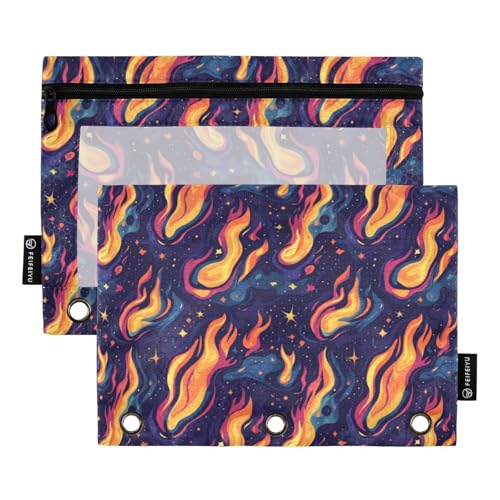 Binder Pencil Pouches Y2k Style with Fires Pen Case | Clear Window 3 Rings, Cosmetic Bags School Office Supplies Cosmetic Makeup Bag 2 Psc - color: Multi-flames