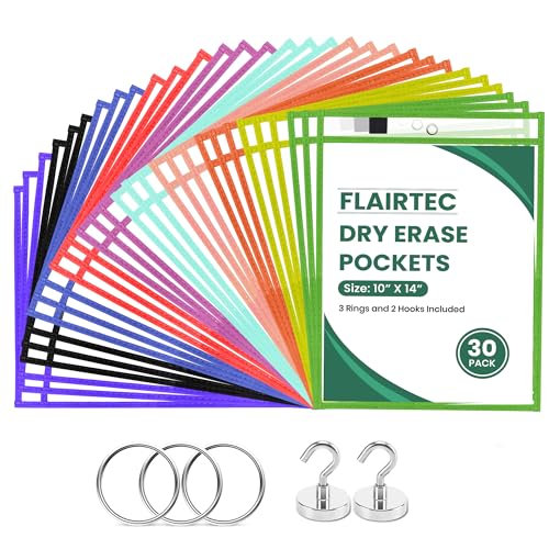 30-Pack Dry Erase Pockets – 10x14 Heavy Duty Sleeves with Cloth Binding – Fits 8.5x11 or 9x12 Worksheets – Includes 3 Rings and 2 Hooks – Classroom and Office Use - style: MultiColor (30 Pack)