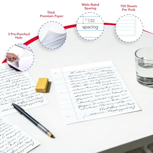 Kaisa Notebook Paper USA-Made Loose Leaf Paper, 24 Pack 3600 Sheets 8"x10.5" Wide Ruled - 3-Hole Punched Bulk Filler Paper for 3-Ring Binder, 150 Sheets/Pack, Wholesale Available(24Pack-Wide) - color: Wide, size: 24pack