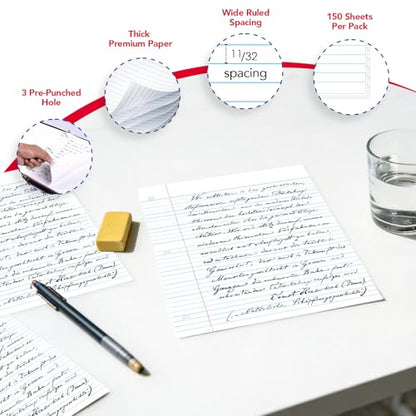 Kaisa Notebook Paper USA-Made Loose Leaf Paper, 24 Pack 3600 Sheets 8"x10.5" Wide Ruled - 3-Hole Punched Bulk Filler Paper for 3-Ring Binder, 150 Sheets/Pack, Wholesale Available(24Pack-Wide) - color: Wide, size: 24pack