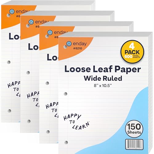 Loose Leaf Paper Notebook Paper, 8" x 10.5" Filler Paper White, 3 Hole Punched Binder Paper for 3 Ring Binders, Lined Paper 150 Sheets Per Pack - By Enday (4 Pack, Wide Ruled) - size: 4 Pack