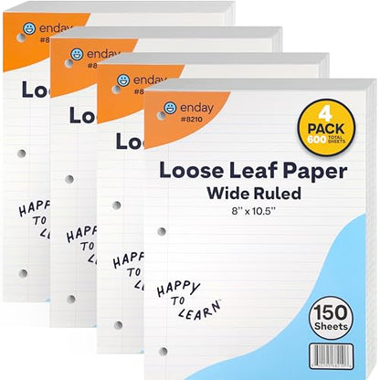 Loose Leaf Paper Notebook Paper, 8" x 10.5" Filler Paper White, 3 Hole Punched Binder Paper for 3 Ring Binders, Lined Paper 150 Sheets Per Pack - By Enday (4 Pack, Wide Ruled) - size: 4 Pack