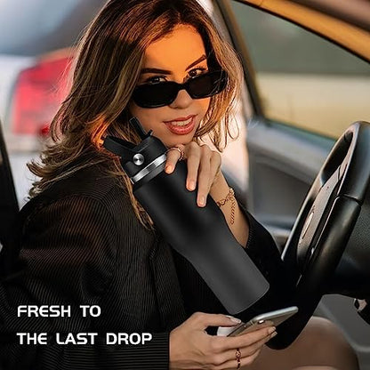 Metal Water Bottle fits-in Cup Holder 32oz, Stainless Steel Vacuum Flask with Straw & Pop-up Chug Lid, Leak Proof Wide Mouth Thermo Keep Cold-48h & Hot-24 for Women Men - color: Black&Grey, size: 32 Ounces