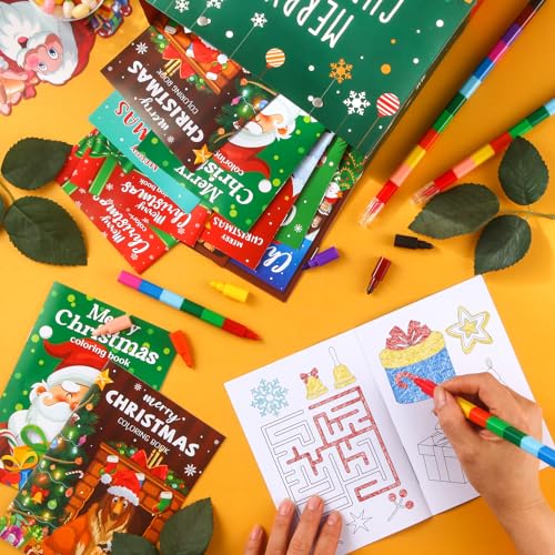BenLouis 24 Christmas Mini Coloring Books Kids with 24 Stacking Crayons Xmas Theme Party Favors Activity Books Bulk for Kids Holiday Birthday Goodie Bag Gift Stuffer Classroom Reward - style: Christmas