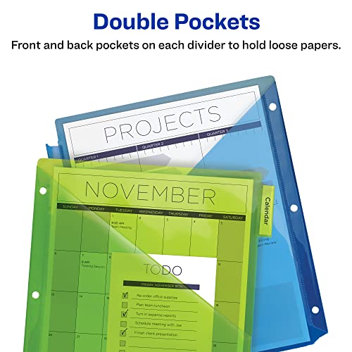 Avery Dividers for 3 Ring Binders, 5-Tab Sets, Two-Pocket Plastic Binder Dividers with Tabs, Multicolor, 1 Set (11906)