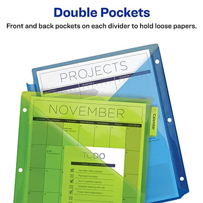 Avery Dividers for 3 Ring Binders, 5-Tab Sets, Two-Pocket Plastic Binder Dividers with Tabs, Multicolor, 1 Set (11906)