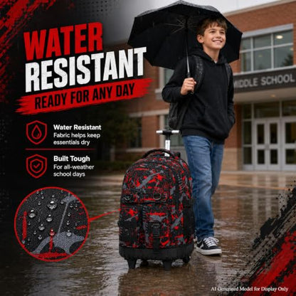 WZLVO 3PCS Boys Rolling Backpack, Water Resistance Roller Bookbag, Wheeled School Bag Set with Lunch Box & Pencil Bag for Teens & Kids - Spray Painted Red - color: 3PCS Boys Rolling Backpack - Spray Painted Red