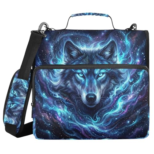 Wolf Space Star Pattern 3 Ring Zipper Binder with Shoulder Strap & Handle 2 Inch D-Ring Zippered Binder Bag with Multiple Pocket & Pencil Pouch, Binder Organizer for School or Office - color: Wolf Space Star