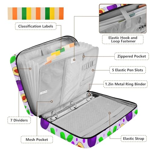 Heavy-Duty Notebook Case with 3-Hole Ring Board and 7-Slot Smart Filing Sleeve with Binder Pencil Pouch for Back to School, Purple Plums Green Leaves