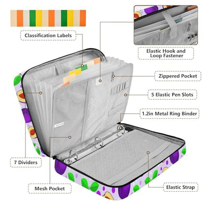 Heavy-Duty Notebook Case with 3-Hole Ring Board and 7-Slot Smart Filing Sleeve with Binder Pencil Pouch for Back to School, Purple Plums Green Leaves