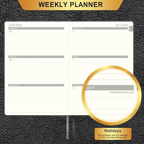Planner 2026-2027 - 2026-2027 Weekly Monthly Calendar, July 2026 - June 2027, 5.85'' x 8.5'' Agenda with Leather Cover, Pen Holder, Elastic Closure, 24 Ruled Pages - color: Black