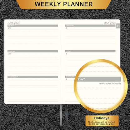 Planner 2026-2027 - 2026-2027 Weekly Monthly Calendar, July 2026 - June 2027, 5.85'' x 8.5'' Agenda with Leather Cover, Pen Holder, Elastic Closure, 24 Ruled Pages - color: Black