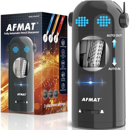 AFMAT Electric Pencil Sharpener, Fully Automatic Colored Pencil Sharpener for 7-11.5mm Pencils, Auto in & Out, Robot Pencil Sharpeners for Kids, Rechargeable Hands-Free with Dotted Eyes, PSX5ET, Gray - color: Gray