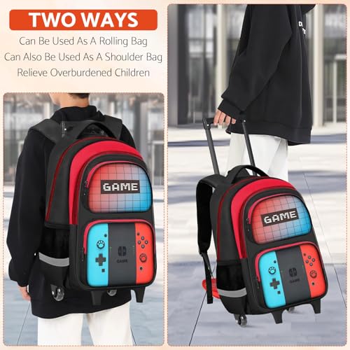 TILYTADLY Boys Rolling Backpack for Kids - Gamer Kids Rolling Backpack with Wheels for Elementary Middle School - Roller School Bookbag,HFHTDC Wheeled Travel Bag for Boys Aged 6-18 - color: red-blue-Backpack only