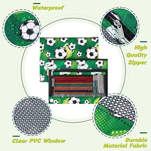 WAWSAM Soccer Pencil Pouch for 3 Ring Binder, Binder Pencil Pouches with Zipper, Pencil Case with Clear Window, Cosmetic Bags for Office Supplies - color: Soccer