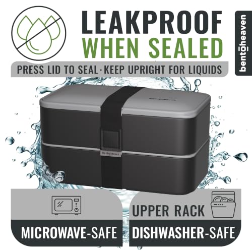 Bentoheaven Bento Box Adult, Stackable Lunch Box, 40 oz, Whispering Gray | BPA-free, leakproof and microwave-safe with 2 compartments, utensils, chopsticks, divider and sauce cup for men and women. - color: Whispering Gray