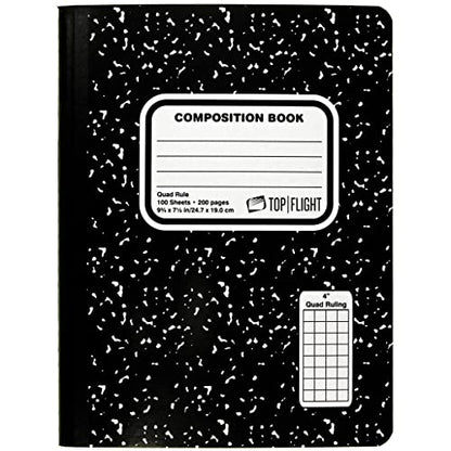 Top Flight Sewn Marble Composition Book, Black/White, Quad Rule, 4 Squares per Inch, 9.75 x 7.5 Inches, 100 Sheets (41320) - size: 100 Count (Pack of 1)