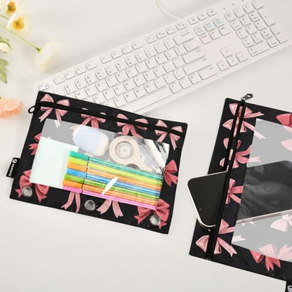Pink Red Bow Black Pencil Pouch for 3 Ring Binder 2 Pack Zipper Binder Pencil Bag Case with Clear Window Office Supplies - color: multi5