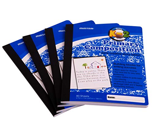 Mintra Primary Composition Notebook, 4 Pack, Blue Cover, 80 Sheets, 7.5in x 9.75in, 1/2 Sheet, Ruled with Drawing Area, Flexible Hardcover Journal, Grades K-2, School & Home Use - color: Primary Ruled, size: 4 Pack