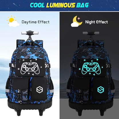 Scothen Rolling Backpack for Boys, Cool Luminous Gamer Roller School Backpacks for Boys with Lunch Bag and Pencil Pouch, Kids Backpack Bookbag with Wheels for Kindergarten Elementary Middle School - color: Blue