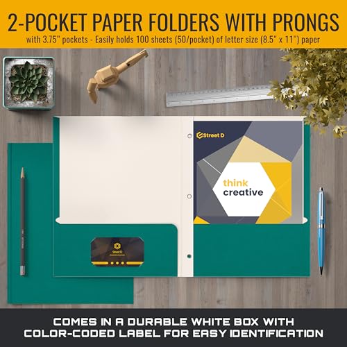 Better Office Products Teal Paper 2 Pocket Folders with Prongs, 50 Pack, Matte Texture, Letter Size Paper Folders, 50 Pack, with 3 Metal Prong Fastener Clips, Teal - color: Teal