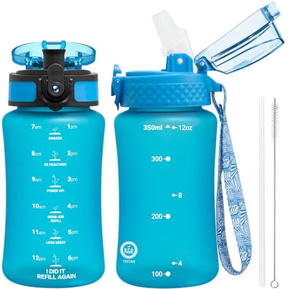 OLDLEY Kids Water Bottle for School, 12 oz (2 lids) BPA-Free Reusable Leak-proof Durable Tritan Plastic Water Bottles with Straw & Chug Lids, Anti-dust Spout Cover (Blue) - color: A-Blue, size: 12 Ounces