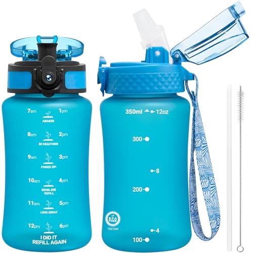 OLDLEY Kids Water Bottle for School, 12 oz (2 lids) BPA-Free Reusable Leak-proof Durable Tritan Plastic Water Bottles with Straw & Chug Lids, Anti-dust Spout Cover (Blue) - color: A-Blue, size: 12 Ounces