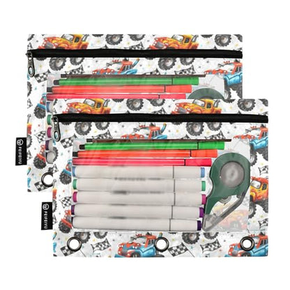 Binder Pencil Pouches Cartoon Monster Truck Pattern Pen Case | Clear Window 3 Rings, Cosmetic Bags School Office Supplies Cosmetic Makeup Bag 2 Psc - color: Monster Truck