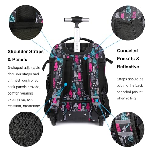 Tilami Rolling Backpack, 18 inch Shoulder Drop, Concealed Pockets and Wheel Cover, Laptop Backpack for Boys and Girls, Cat Black - color: Cat Black