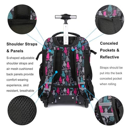 Tilami Rolling Backpack, 18 inch Shoulder Drop, Concealed Pockets and Wheel Cover, Laptop Backpack for Boys and Girls, Cat Black - color: Cat Black