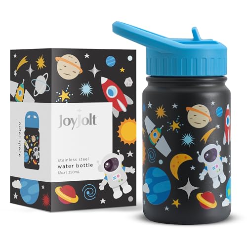 JoyJolt Kids Water Bottle with Straw Lid, 12oz Small Stainless Steel Reusable Tumbler for Kids, Girls, Boys, or Teen, Vacuum Insulated Water Bottle for School, Travel, and Outdoors, Leakproof - color: Space