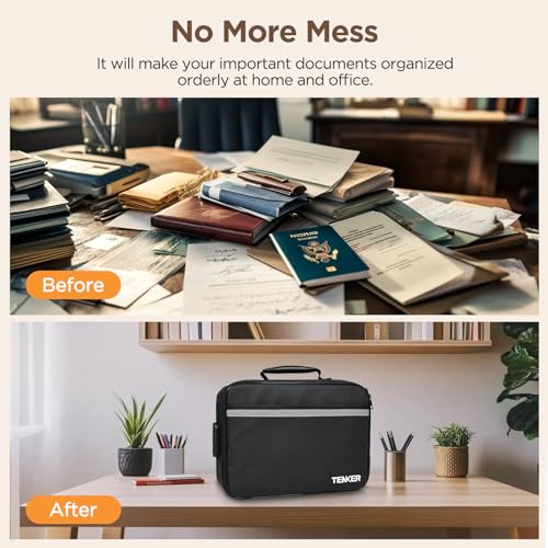 Document Bag with Lock, Fireproof File Storage Case with Water-Resistant, TENKER Organizer Box for Document, Safe Portable Travel Home Organizer for Laptop, Files, Certificates, Black(15''x11''x4'')