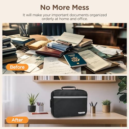 Document Bag with Lock, Fireproof File Storage Case with Water-Resistant, TENKER Organizer Box for Document, Safe Portable Travel Home Organizer for Laptop, Files, Certificates, Black(15''x11''x4'')
