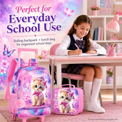 gxtvo Girls Rolling Backpack, Cute Cat Roller Wheels Kids Bookbag - Wheeled Elementary School Bag - 3PCS Cat - color: Dr.cat Rolling Set