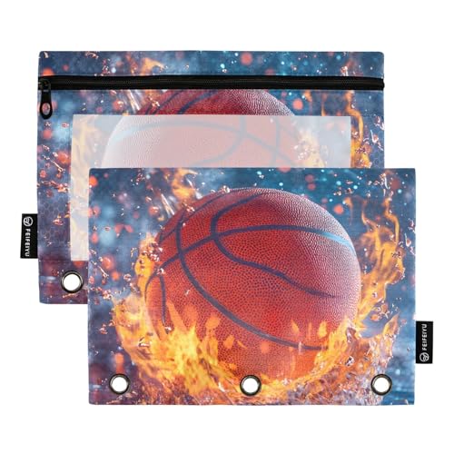 Pencil Pouch for 3 Ring Binder, Basketball Fire Water Splash Large Pencil Case Clear Window Pen Bag, Zipper Binder Pouch Accessories for Office School Supplies, 2 Pack - color: A004, size: 9.84 x 7.08 x 0.19 in